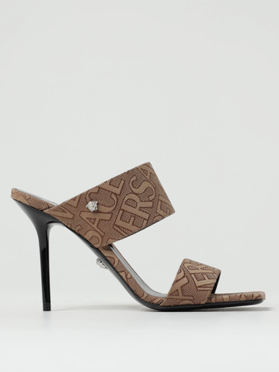Shop Versace Allover Sandals In Jacquard Fabric In Beige