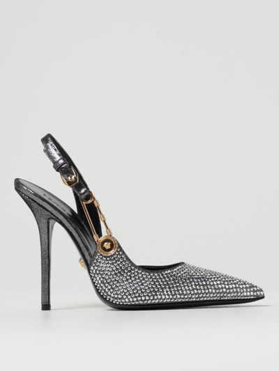 Shop Versace Slingbacks In Laminated Suede And Rhinestones In Silver