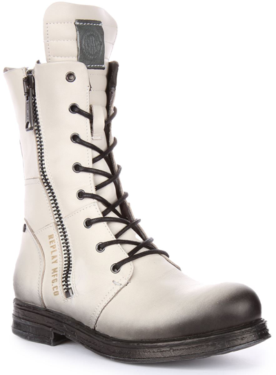 Pre-owned Replay Evy Leather Zip Lace Up Military Vintage Boot White Black  Womens Uk 3 - 8 | ModeSens