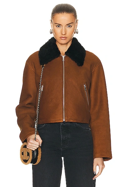 Shop Nour Hammour Nyla Simple Cropped Shearling Jacket In Cognac & Black