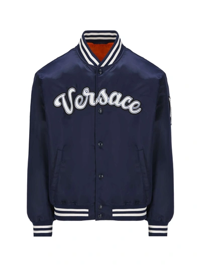 Shop Versace Nylon Bomber Jacket In Blue