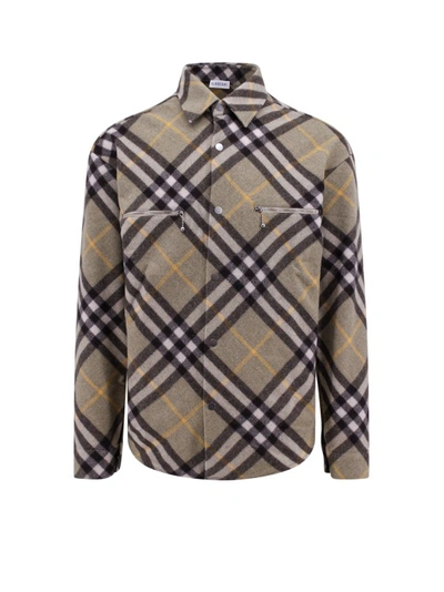 Shop Burberry Wool Blend Shirt With Check Motif In Grey