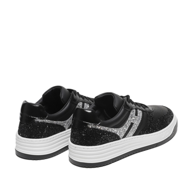 Shop Hogan Black Leather And Glitter Fabric Sneakers