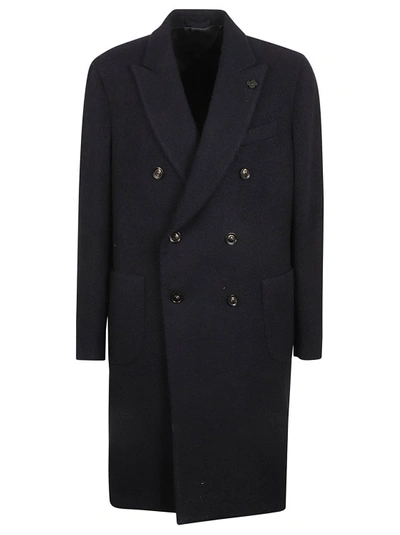 Shop Lardini Blue Peak-lapels Double-breasted Coat In Black