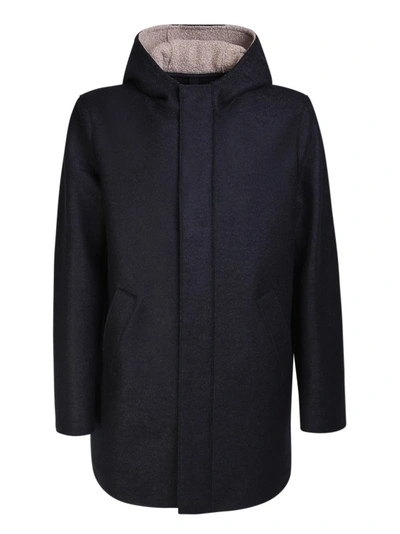 Shop Harris Wharf London Blue Hooded Wool Coat In Black