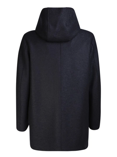 Shop Harris Wharf London Blue Hooded Wool Coat In Black