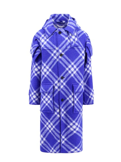 Shop Burberry Wool Coat With Check Motif In Blue