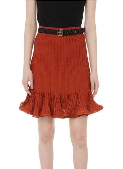Shop Givenchy Ruffled Ribbed Mini Skirt In Red