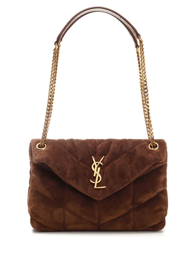 Shop Saint Laurent Puffer Logo Plaque Shoulder Bag In Brown
