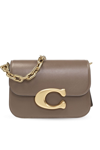 Shop Coach Idol Logo Plaque Chained Shoulder Bag In Brown