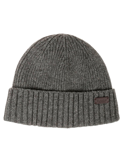 Shop Barbour Logo Patch Knitted Beanie In Grey