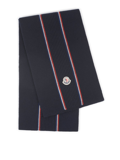 Shop Moncler Logo Patch Knitted Scarf In Blue