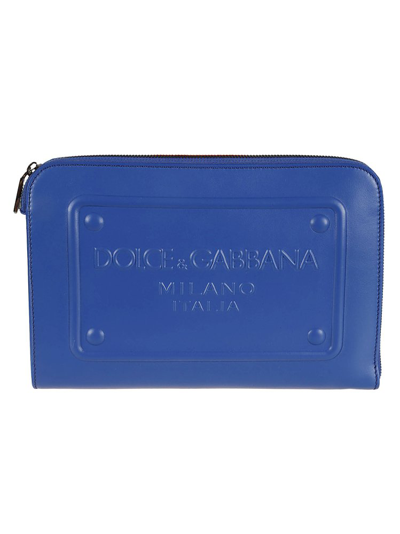 Shop Dolce & Gabbana Logo Embossed Zipped Clutch Bag In Blue