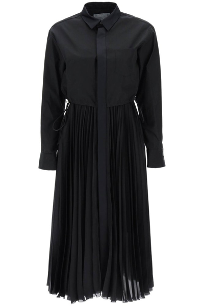 Shop Sacai Pleated Midi Shirt Dress In Black