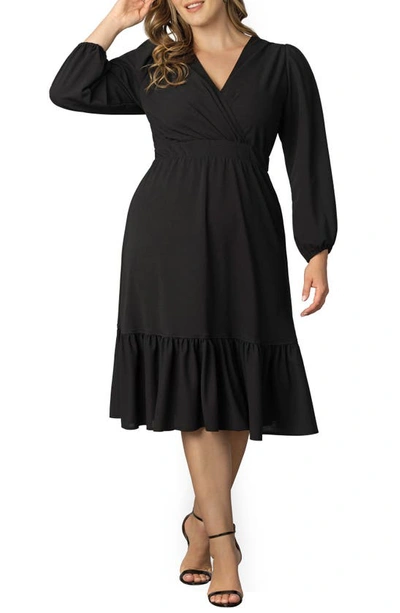 Kiyonna Pprtia Long Sleeve Midi Faux Wrap Cocktail Dress In Black