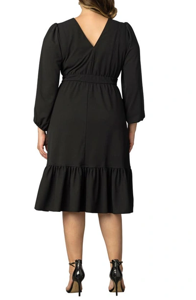 Kiyonna Pprtia Long Sleeve Midi Faux Wrap Cocktail Dress In Black