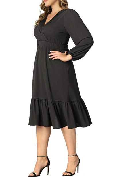 Shop Kiyonna Portia Long Sleeve Midi Faux Wrap Cocktail Dress In Black Noir