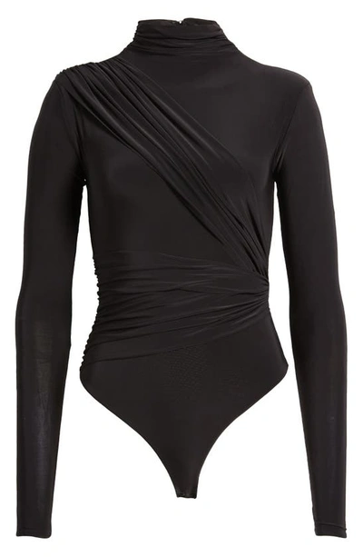 Shop Naked Wardrobe Drama Ruched Long Sleeve Ribbed Body-con Bodysuit In Black