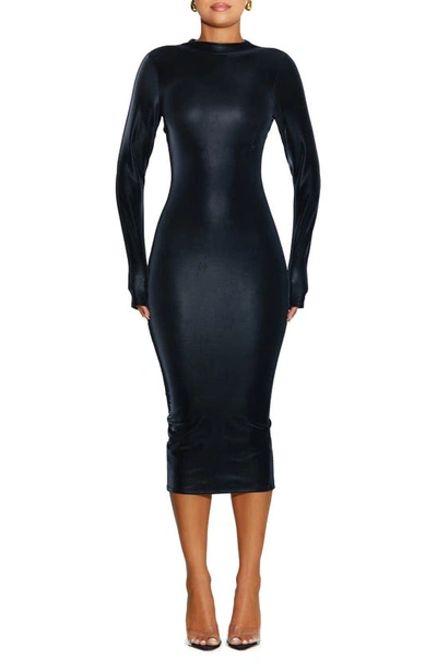 Shop Naked Wardrobe Liquid Faux Suede Long Sleeve Midi Dress In Black