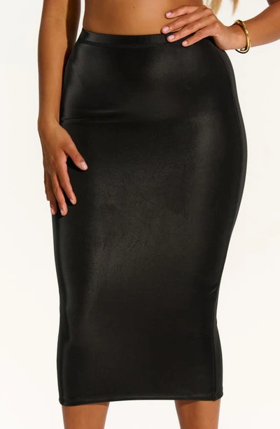 Shop Naked Wardrobe Liquid Faux Suede Strapless Midi Pencil Skirt In Black
