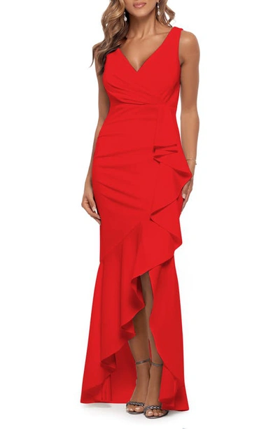 Shop Betsy & Adam V-neck Cascade Ruffle High-low Gown In Red