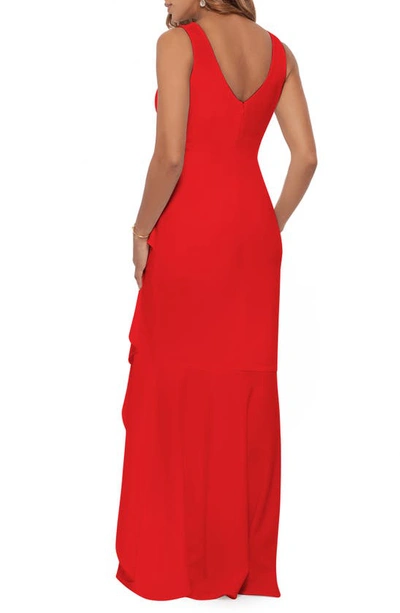 Shop Betsy & Adam V-neck Cascade Ruffle High-low Gown In Red