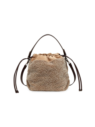 Shop Brunello Cucinelli Women's Curly Shearling And Suede Bucket Bag With Monili In Light Brown