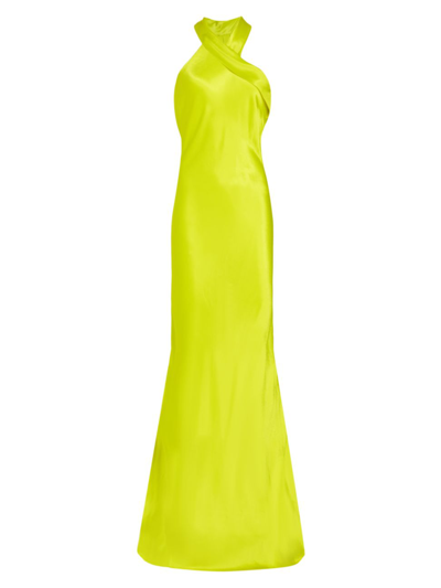 Shop Galvan Women's Pandora Asymmetrical Bias Cut Dress In Lime Yellow