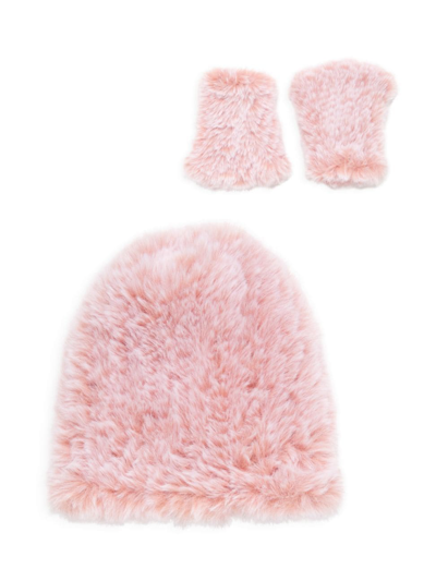 Shop Surell Women's Faux Fur Beanie & Mittens Set In Pink Frost