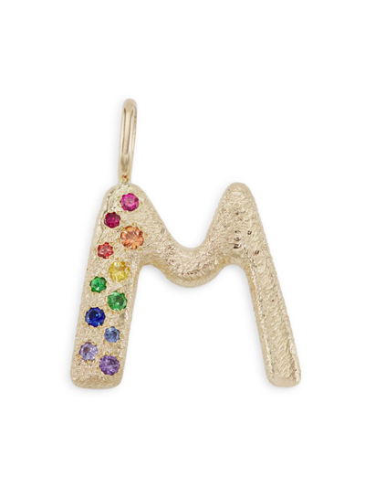 Shop Imperfect Grace Women's Muse Collection Puffy Letter 14k Yellow Gold & Rainbow Sapphire Pendant In Initial M