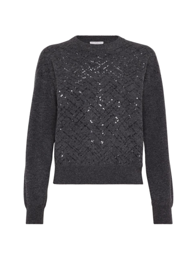 Shop Brunello Cucinelli Women's Virgin Wool, Cashmere And Silk Sweater With Dazzling Embroidery In Lead