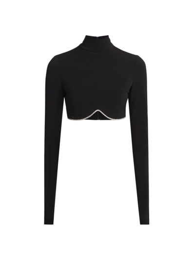 Shop Alice And Olivia Women's Long-sleeve Crystal-trim Crop Blouse In Black