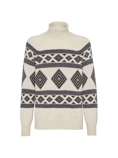 Shop Brunello Cucinelli Men's Ethnic Jacquard Turtleneck Sweater In Cashmere In White