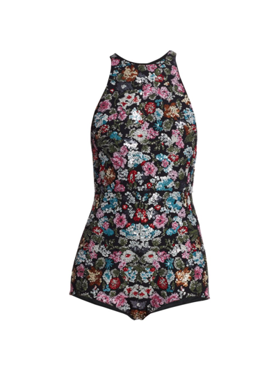 Shop Giambattista Valli Women's Sequin Floral Short Jumpsuit In Black Multi