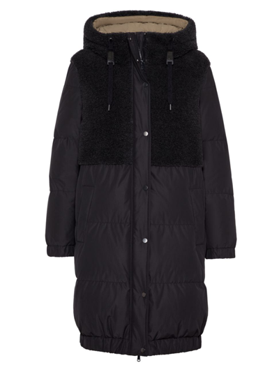 Shop Brunello Cucinelli Women's Taffeta And Virgin Wool And Cashmere Fleecy Panelled Down Coat With Hood And Monili In Navy