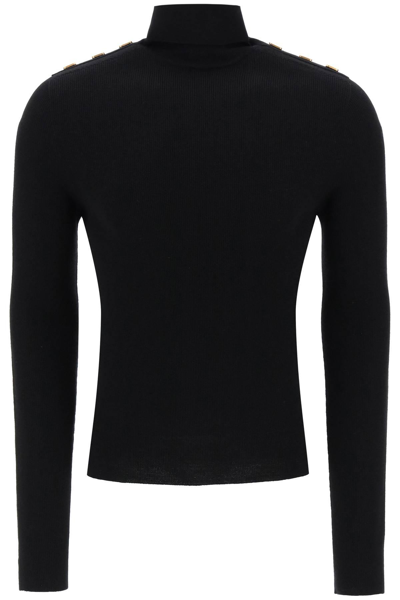 Shop Balmain Turtleneck Sweater With Monogram Buttons In Black