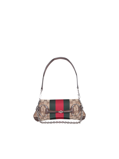 Shop Gucci Horsebit Chain Small Shoulder Bag In Beige