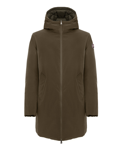 Shop Colmar Long Green Reversible Down Jacket With Zip And Hood In Militare