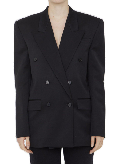 Shop Saint Laurent Double-breasted Long-sleeved Jacket In Nero