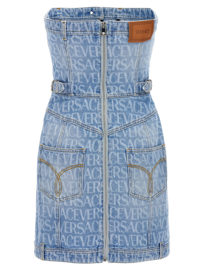 Shop Versace Allover La Vacanza Capsule Dress In Light Blue