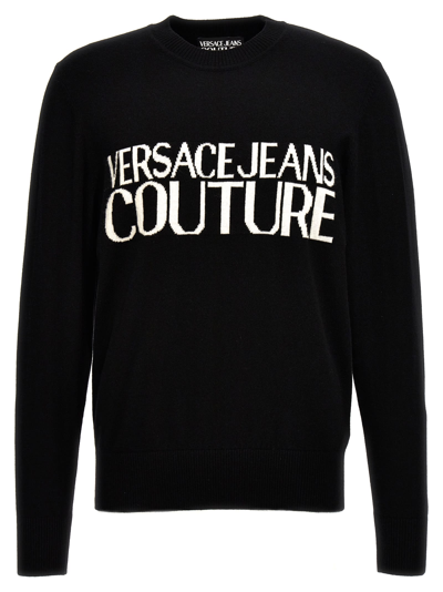 Shop Versace Jeans Couture Logo Intarsia Sweater In Black
