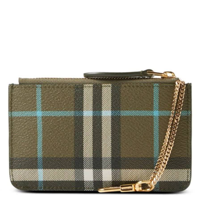 Shop Burberry Olive Green Chain-detailing Check-pattern Wallet