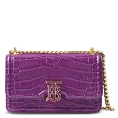 Shop Burberry Mini Tb-plaque Leather Crossbody Bag In Violet Purple