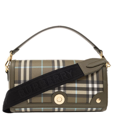 Shop Burberry Olive Green Check Small Top Handle Note Bag