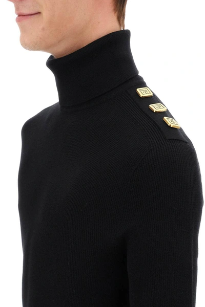 Shop Balmain Turtleneck Sweater With Monogram Buttons In Black