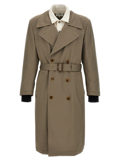 Shop Mm6 Maison Margiela Double Breasted Trench Coat In Beige