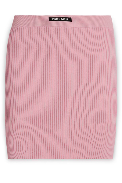 Shop Miu Miu Logo Tag Knitted Mini Skirt In Pink