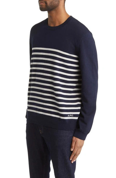 Shop Apc Pull Matthew Stripe Recycled Cashmere & Cotton Crewneck Sweater In Tiq Dark Navy/ecru