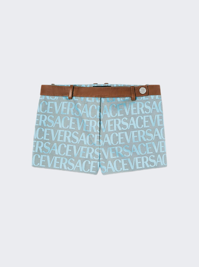 Shop Versace Leather Logo Short In Pale Blue And Beige