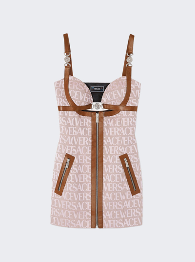 Shop Versace Canvas Logo Mini Dress In Pale Pink And Beige